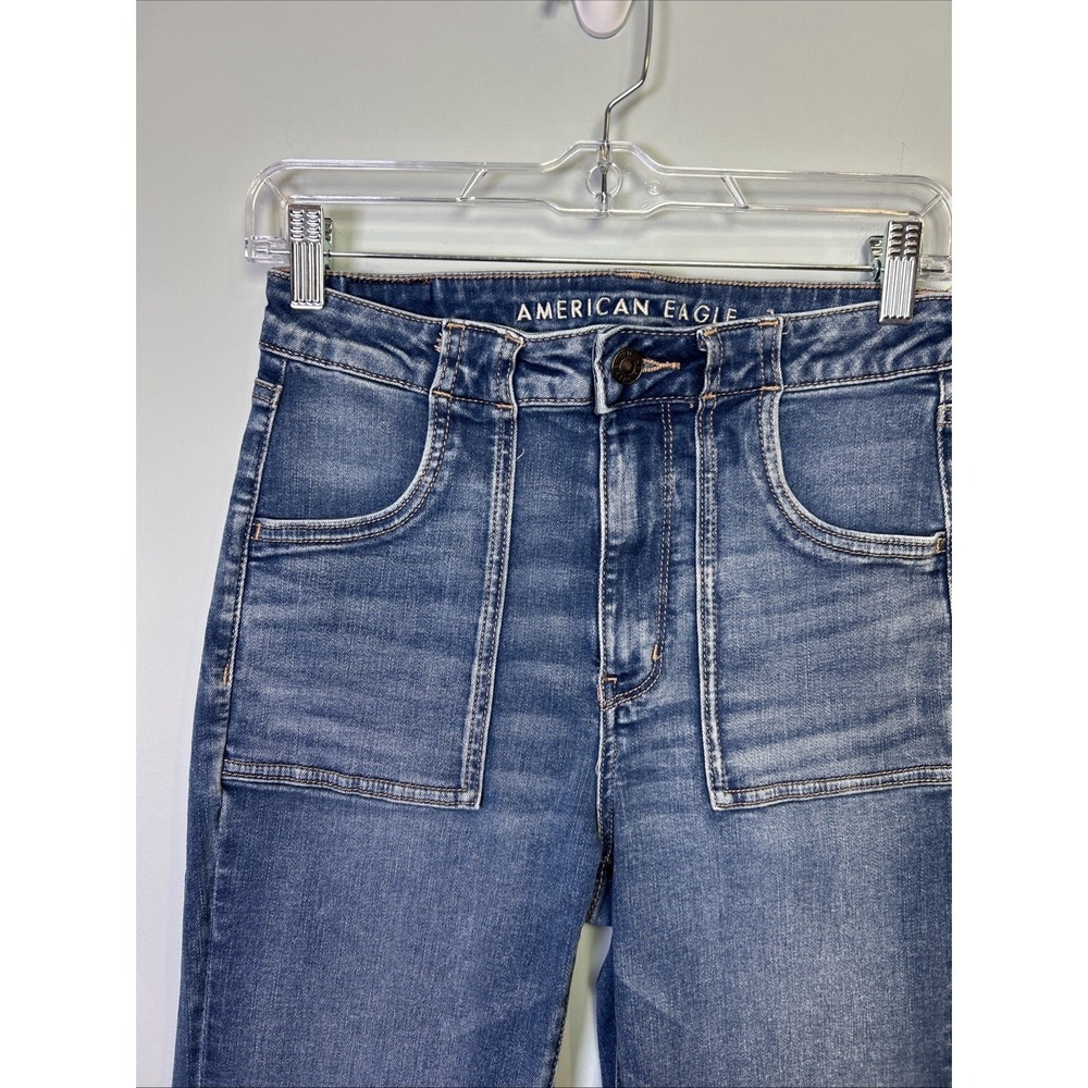 American Eagle Super Hi-Rise Flare Jeans Blue Stretch Denim Medium Wash Size 6 - Picture 3 of 14